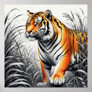 Poster Tiger Art Color Partiel noir blanc dessin