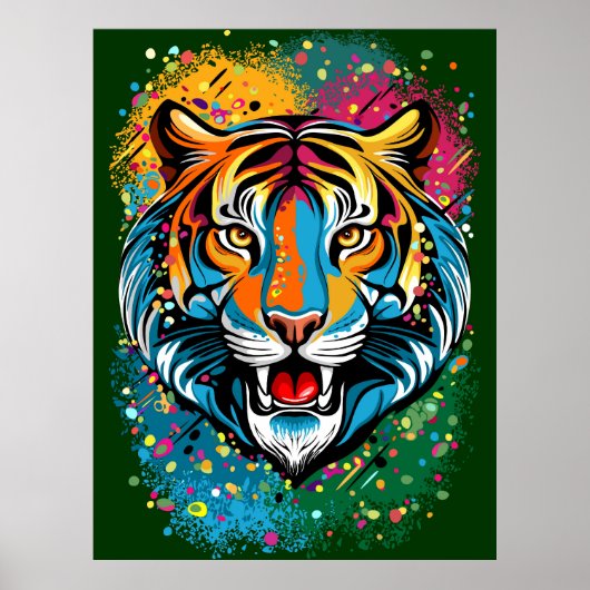 Poster Tiger Head Rainbow colors paint stains (Devant)