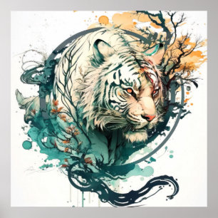 Poster Tiger Portrait Animal Peinture Faune En Plein Air