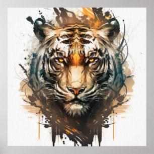 Poster Tiger Portrait Animal Peinture Faune En Plein Air