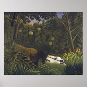 Poster Tigre attaquant un cheval et un homme de couleur