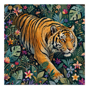 Poster Tigre aux yeux ambre, feuillage de jungle fantaisi