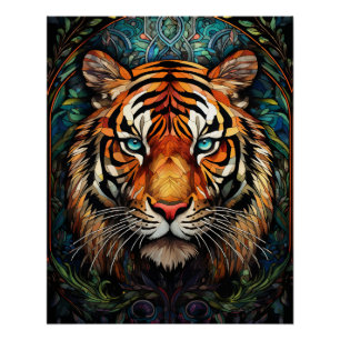 Poster Tigre aux yeux bleus en vitrail Art