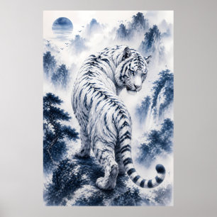 Poster Tigre Blanc à l'Œil Bleu Art Fantastique au Lavi