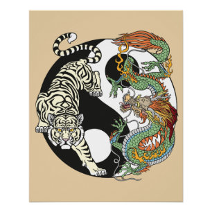 Poster Tigre blanc contre dragon vert au Yin yang 