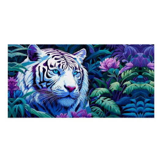 Poster Tigre blanc en fleurs violettes (Devant)