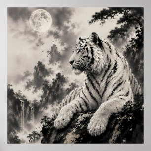 Poster Tigre Blanc Reposant sur une Falaise Encre Tradi