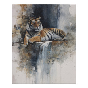 Poster Tigre de papier aquarelle serein sur mur en pierre