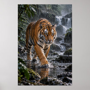 Poster Tigre du Bengale marchant à travers l'eau de la fo
