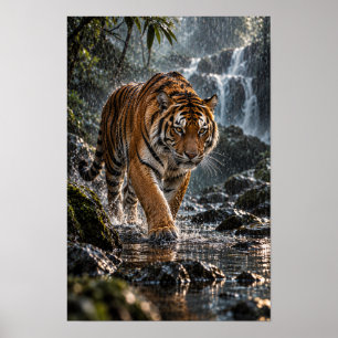 Poster Tigre du Bengale marchant à travers l'eau de la fo