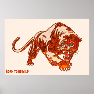 Poster Tigre en flammes oranges avec des yeux bleus