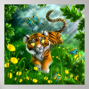 Poster Tigre et papillons