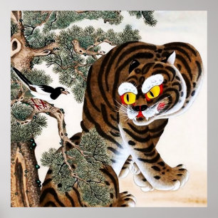 Poster Tigre et pie Minhwa sous un pin