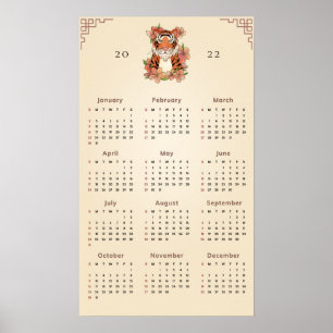 Poster Tigre floral chinois Nouvel An 2022 Calendrier sab