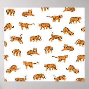 Poster Tigre japonais : Doodle Vintage sans joint