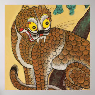 Poster Tigre laid folklorique coréen Minhwa