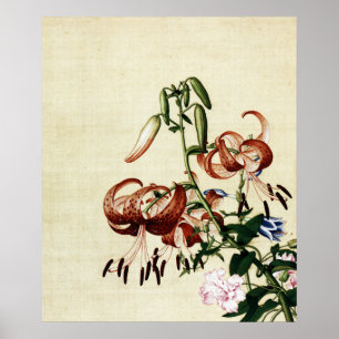 Poster Tigre Lily et Paeonia vintage, Art en Chinoiserie