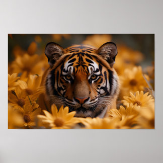 Poster Tigre majestueux au milieu de fleurs dorées généré