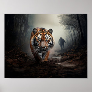 Poster Tigre noir et orange âgé marchant dans une forêt s
