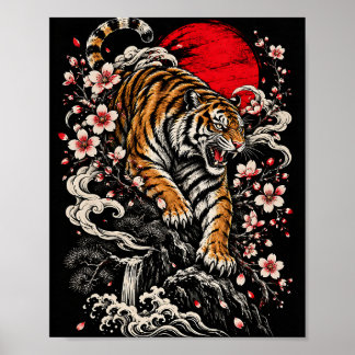 Poster Tigre rugissant Sakura Japonais