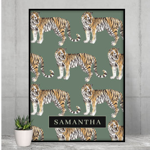Poster Tigres d'aquarelle verte tropicale Motif avec nom