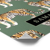 Poster Tigres d'aquarelle verte tropicale Motif avec nom (Coin)