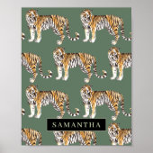 Poster Tigres d'aquarelle verte tropicale Motif avec nom (Devant)