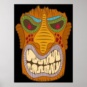 Poster Tiki Fou avec des Flammes dans les Yeux, Noir