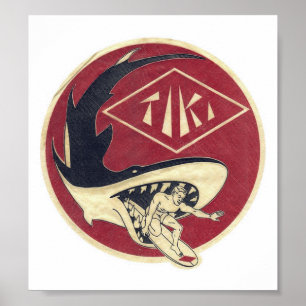 Poster Tiki Surf Shop avec Surfer&Shark sur un