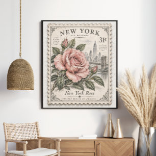 Poster Timbre-poste Fleur de l'État de New York Rose Vint
