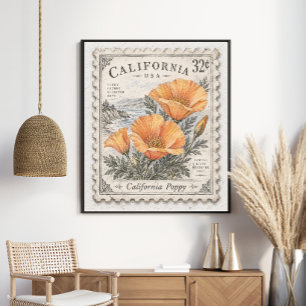 Poster Timbre-poste Fleur de l'État du Pavot de Californi