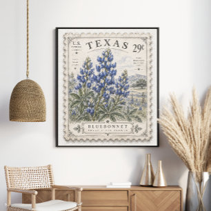 Poster Timbre Vintage Fleur de l'État du Texas Bluebonnet
