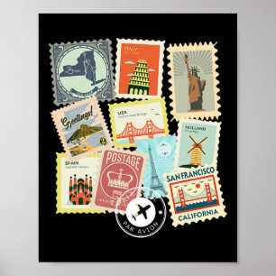 Poster Timbres de voyage anciens vacances philatelie