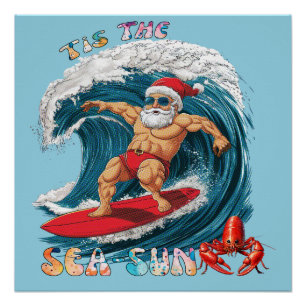 Poster Tis The Sea-Sun - Surf Père Noël