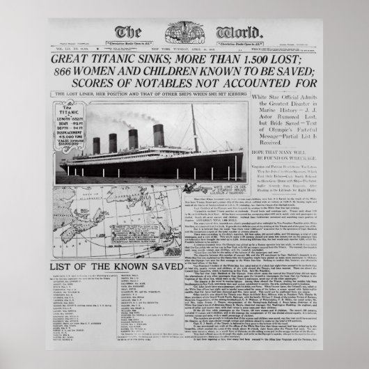Poster TITANIC SINKS - Frontpage News Worldwide 1912 (Devant)