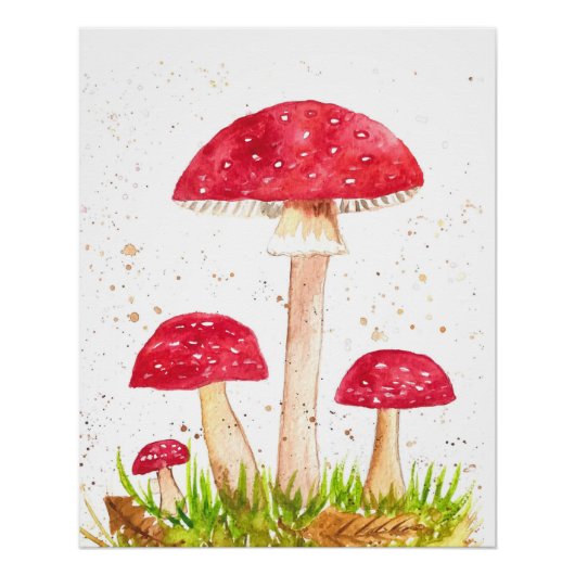 Poster Toadstool Champignons Forêt aquarelle Rouge Nature (Devant)