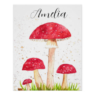 Poster Toadstool Champignons Forêt aquarelle Rouge Nature
