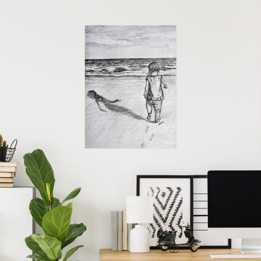 Poster Toddler sur la plage crayon dessin d'art Imprimer (Bureau à domicile)