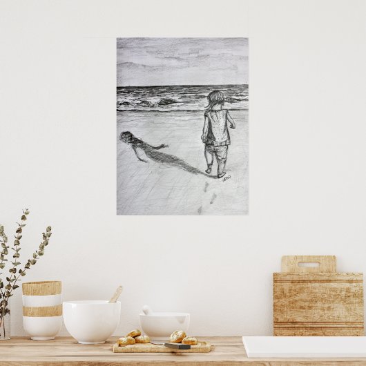 Poster Toddler sur la plage crayon dessin d'art Imprimer (Cuisine)
