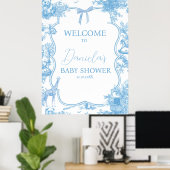 Poster Toile Bleue Bleue de Jouy Ours Bébé Bienvenue (Bureau à domicile)