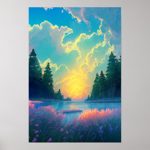Poster Toile de la nature, lac de charme et coucher de so