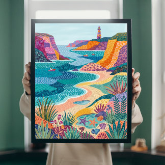 Poster Toile de plage de phare d'art folklorique côtier c