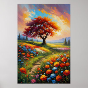 Poster Toile du coucher du soleil, Fleurs colorées