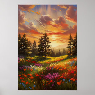 Poster Toile du coucher du soleil, Fleurs colorées
