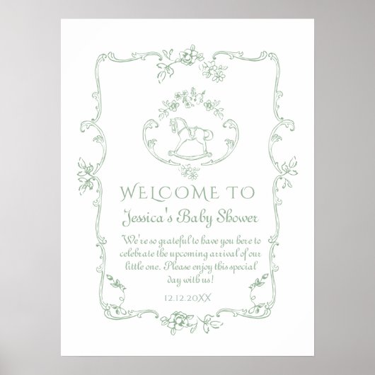 Poster Toile Sage Cheval Rocking baby shower Bienvenue (Devant)