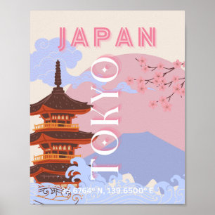 Poster Tokyo Japan Travel Art, Retro Travel Art, Rose