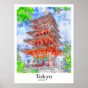 Poster Tokyo Japon Aquarelle Voyage Main tirée