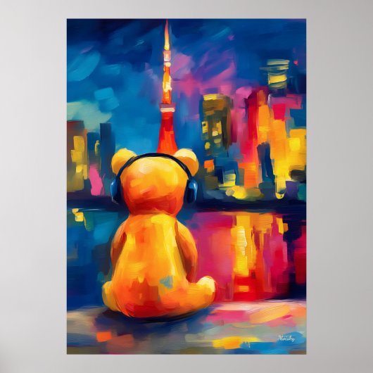Poster Tokyo Teddy Neon Skyline Night Reflection (Devant)