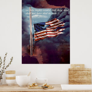 Poster Tombé mais pas oublié Fumée et drapeau déchiré