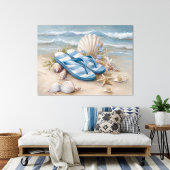 Poster Tongs bleus Coquillages Art de plage côtière estiv